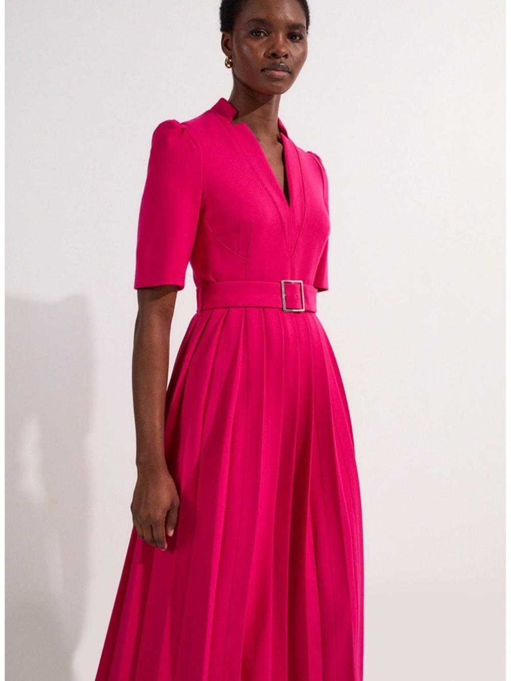 Karen Millen Forever Tailored Structured Crepe Pleat Belted Midi Dress Size 2